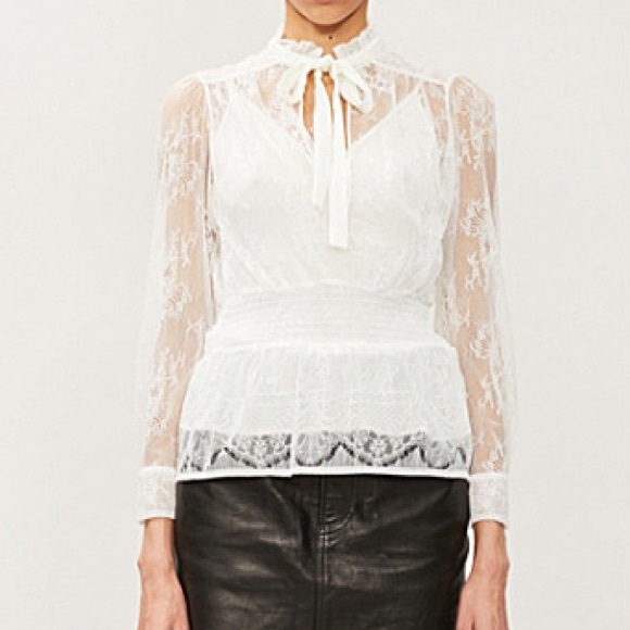 Maje Tops - Maje Lani Frilled-collar Floral Lace Top In Ecru